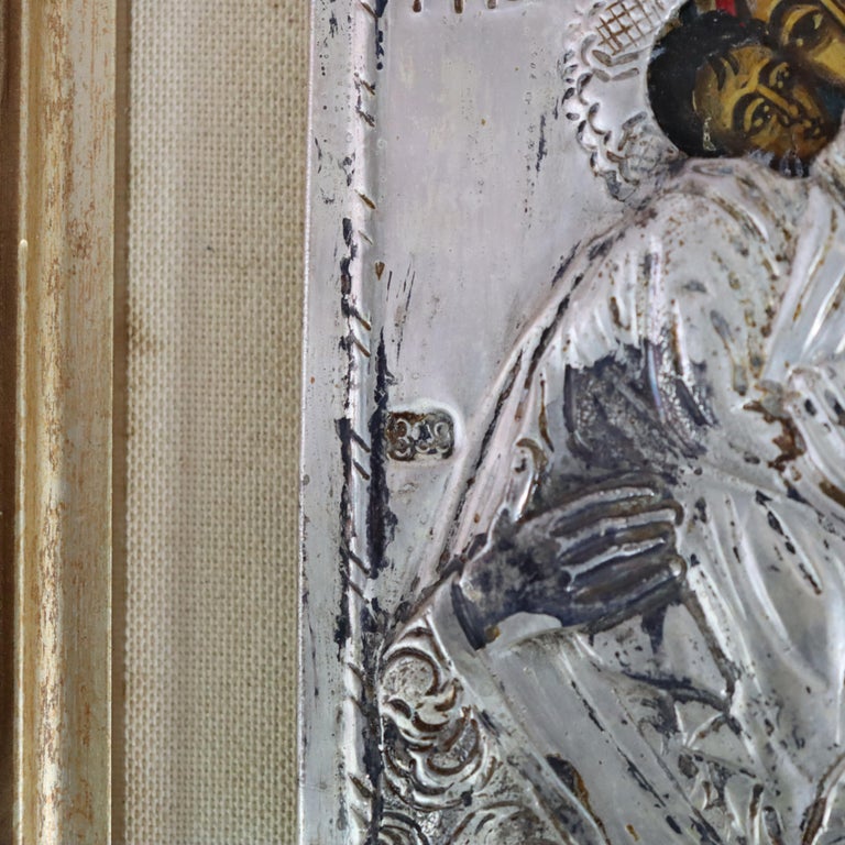 Antique Greek Orthodox Silver Framed Icon with Madonna & Child 19thC