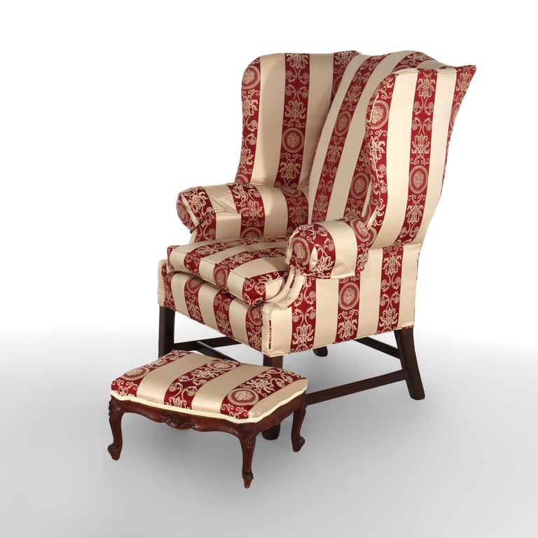 Antique Chippendale Wingback Feather Cushion Armchair & Footstool c1880
