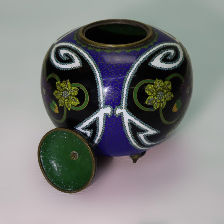 Antique Chinese Cloisonne Enameled Lidded & Footed Jar Early 20thC
