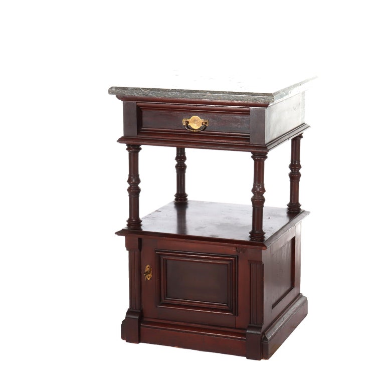 Antique Rennaisance Revival Walnut & Burl Marble Top Commode c1890