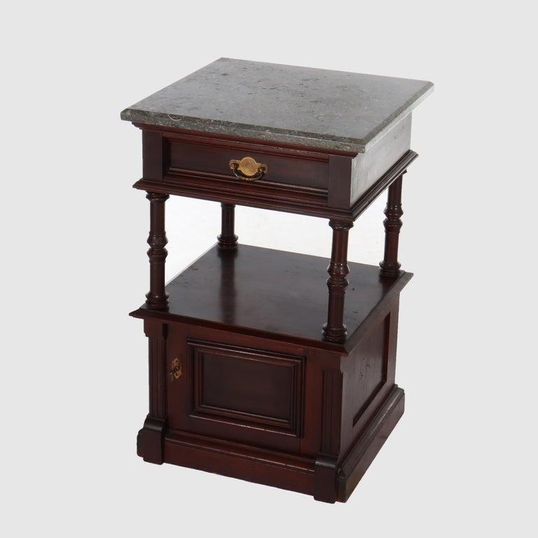Antique Rennaisance Revival Walnut & Burl Marble Top Commode c1890