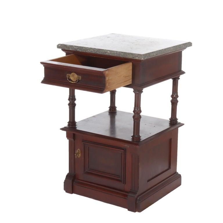 Antique Rennaisance Revival Walnut & Burl Marble Top Commode c1890