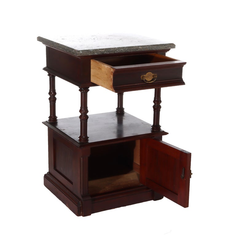 Antique Rennaisance Revival Walnut & Burl Marble Top Commode c1890