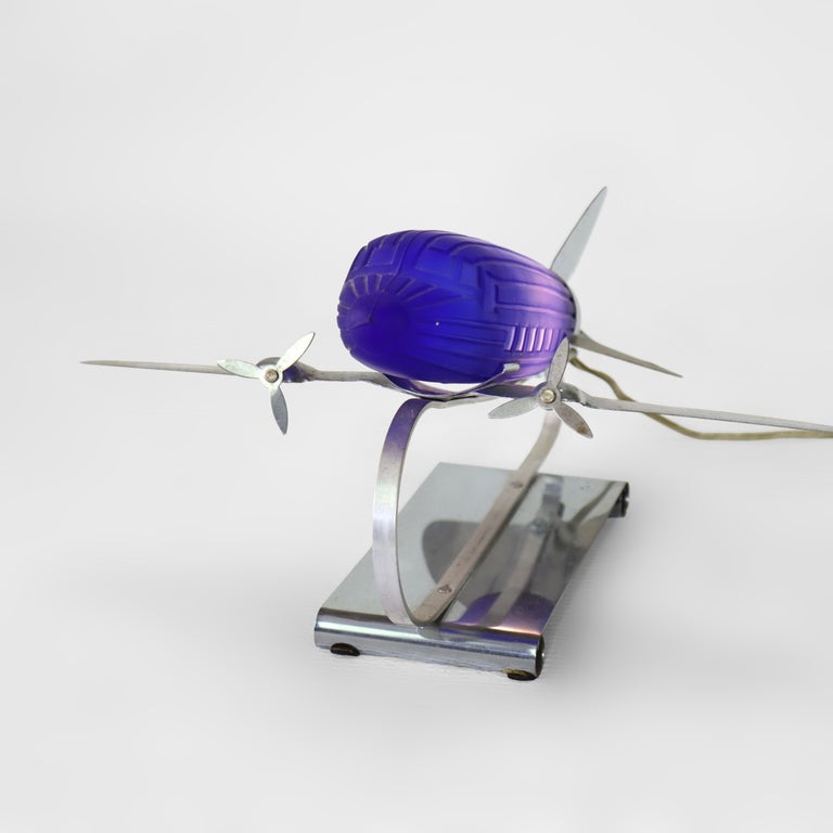Vintage Chrome & Cobalt Blue Art Deco DC-3 Airplane Table Lamp C1977