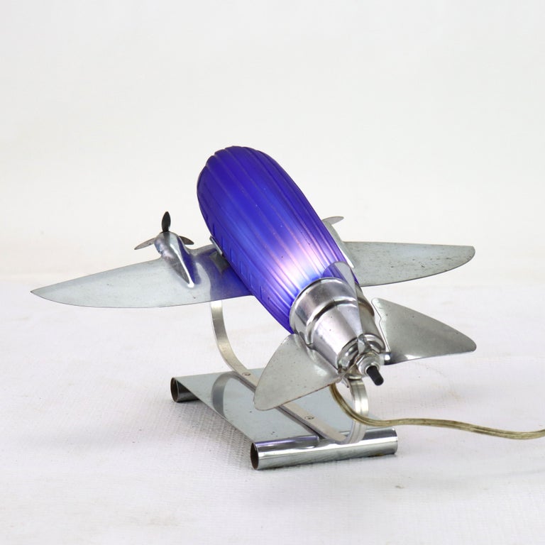 Vintage Chrome & Cobalt Blue Art Deco DC-3 Airplane Table Lamp C1977