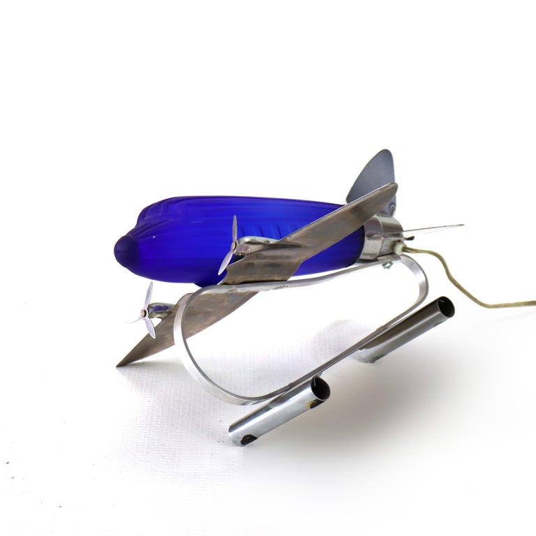 Vintage Chrome & Cobalt Blue Art Deco DC-3 Airplane Table Lamp C1977