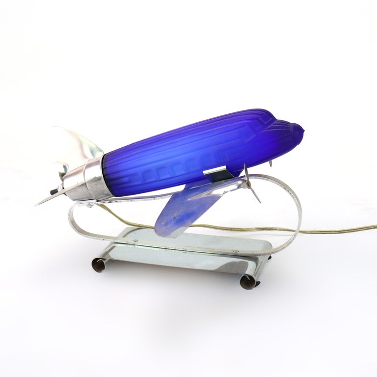 Vintage Chrome & Cobalt Blue Art Deco DC-3 Airplane Table Lamp C1977