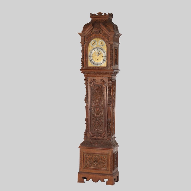 Monumental Westminster English Baroque Heavily Figural Carved Tall Case Clock