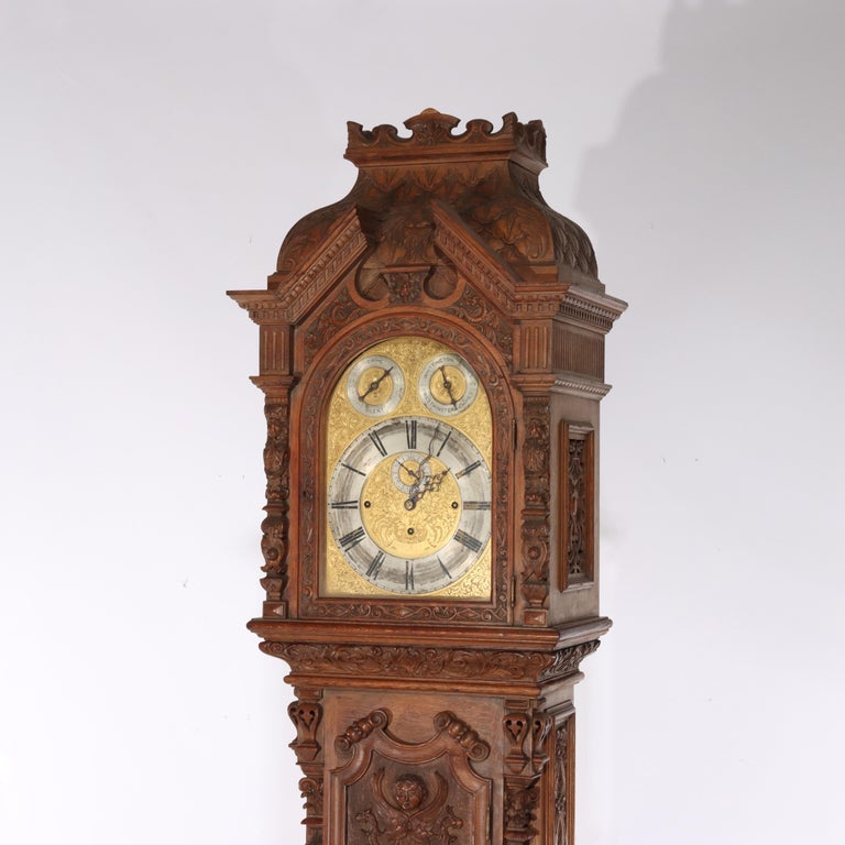 Monumental Westminster English Baroque Heavily Figural Carved Tall Case Clock