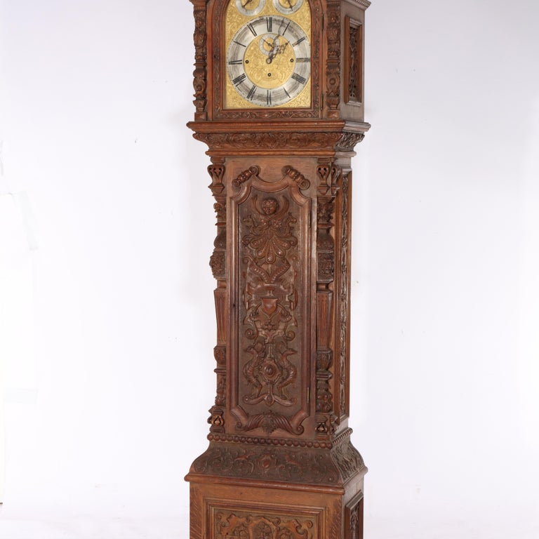 Monumental Westminster English Baroque Heavily Figural Carved Tall Case Clock