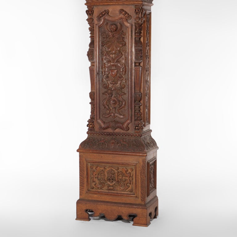 Monumental Westminster English Baroque Heavily Figural Carved Tall Case Clock