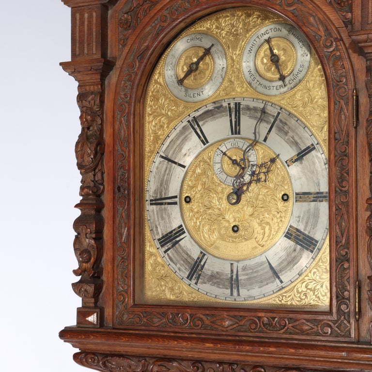Monumental Westminster English Baroque Heavily Figural Carved Tall Case Clock