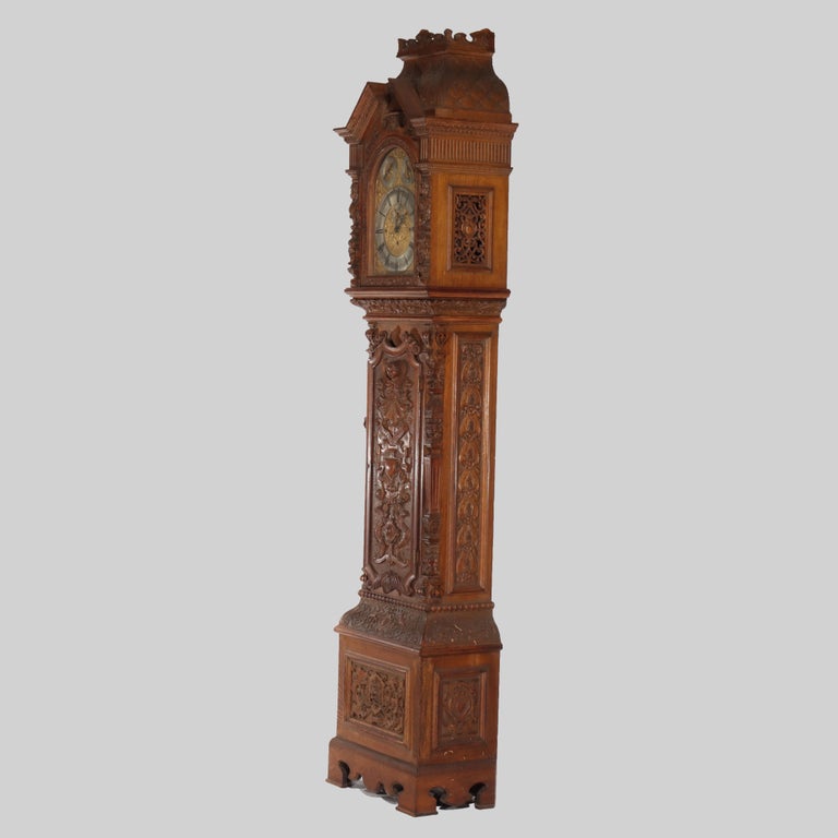 Monumental Westminster English Baroque Heavily Figural Carved Tall Case Clock