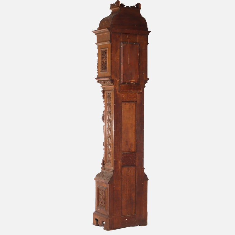 Monumental Westminster English Baroque Heavily Figural Carved Tall Case Clock