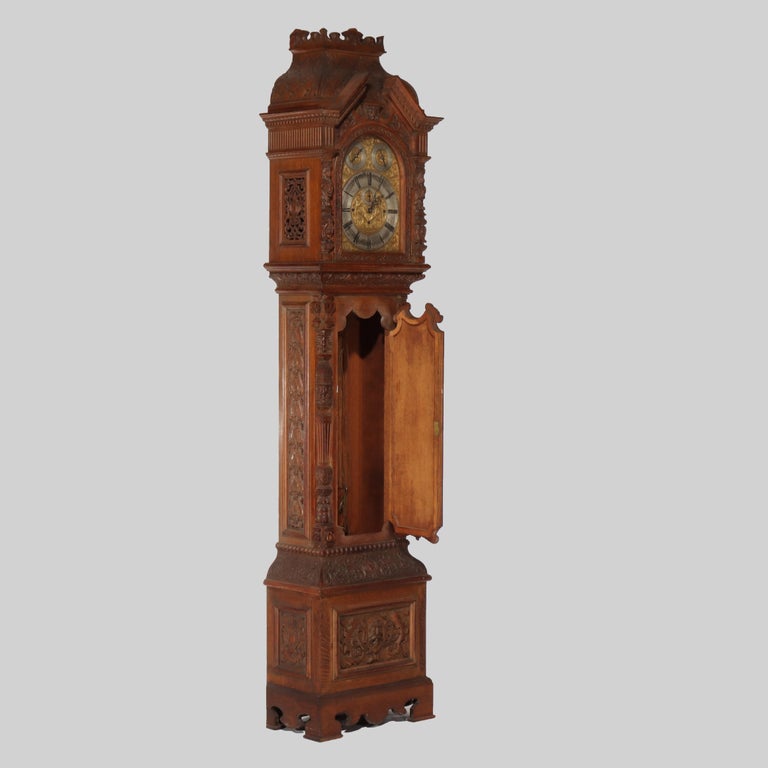 Monumental Westminster English Baroque Heavily Figural Carved Tall Case Clock