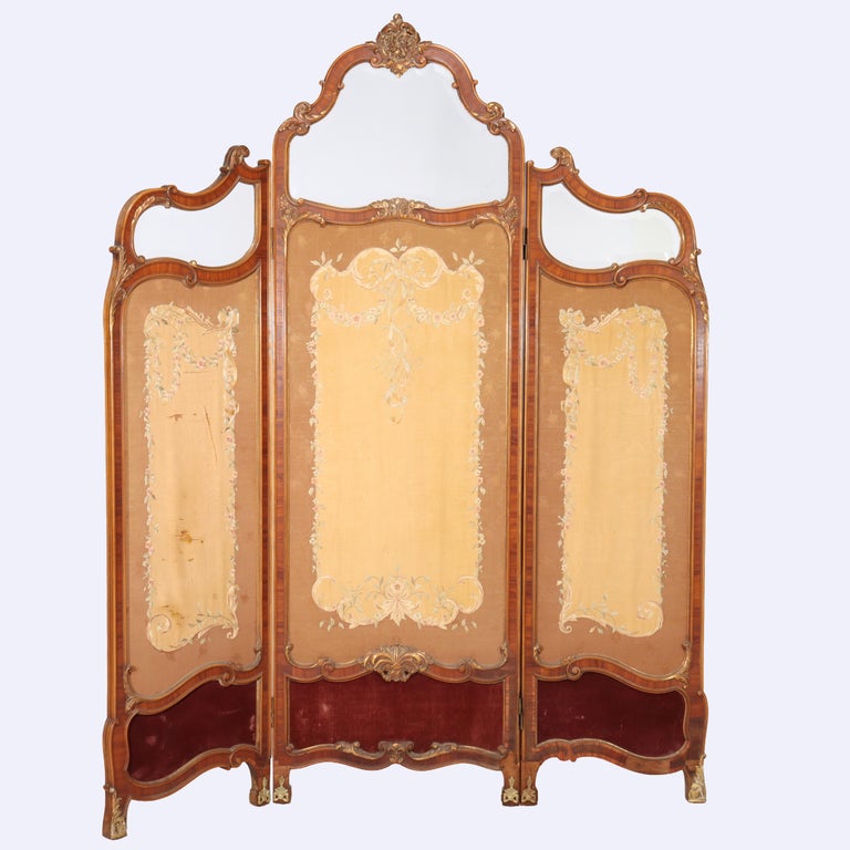 French Kingwood, Mahogany, Embroidered & Beveled Glass Paneled Screen c1890