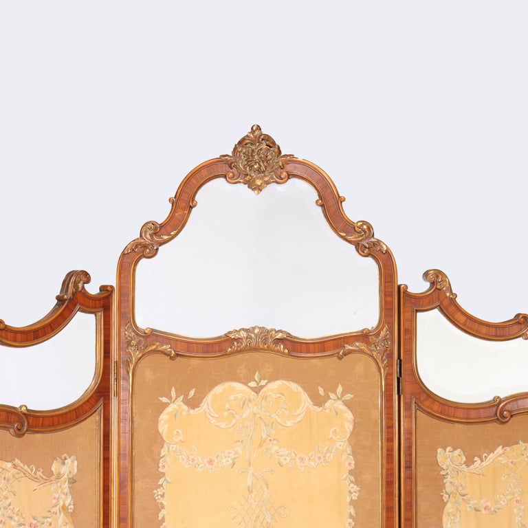 French Kingwood, Mahogany, Embroidered & Beveled Glass Paneled Screen c1890
