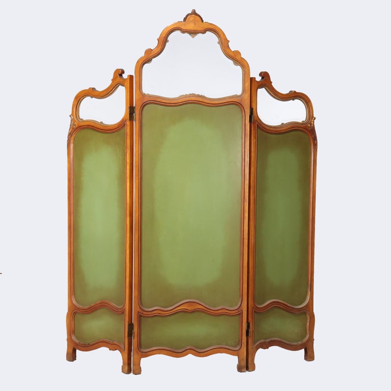 French Kingwood, Mahogany, Embroidered & Beveled Glass Paneled Screen c1890
