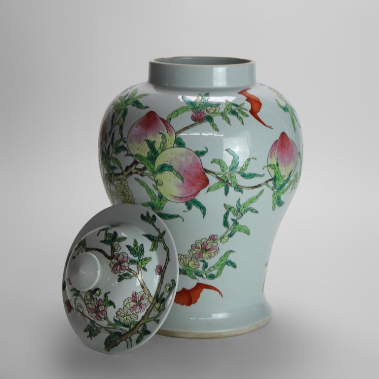 Chinese Republic Period Porcelain Covered Longevity Ginger Jar with Fruit 20thC