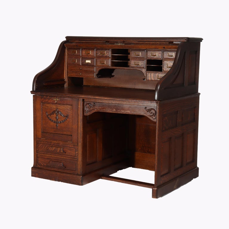Antique Gunn Furniture Co. Oak S-Roll Top Paneled Single Pedestal Desk c1900