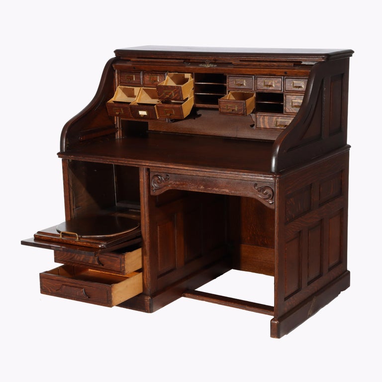 Antique Gunn Furniture Co. Oak S-Roll Top Paneled Single Pedestal Desk c1900