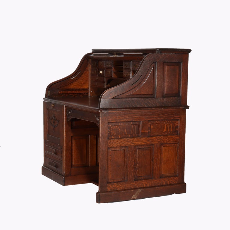 Antique Gunn Furniture Co. Oak S-Roll Top Paneled Single Pedestal Desk c1900