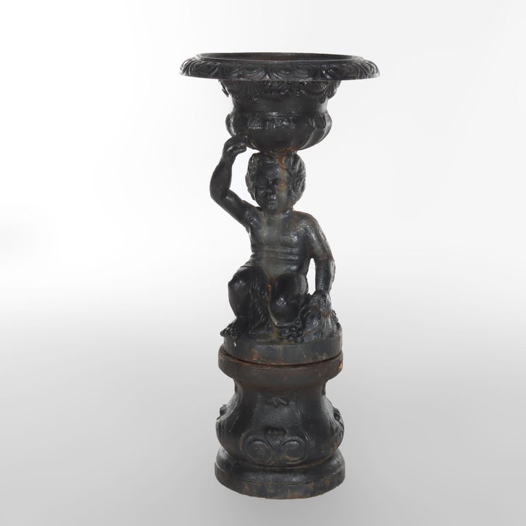 Antique Neoclassical Cast Iron Figural Cherub Garden Urn C1890