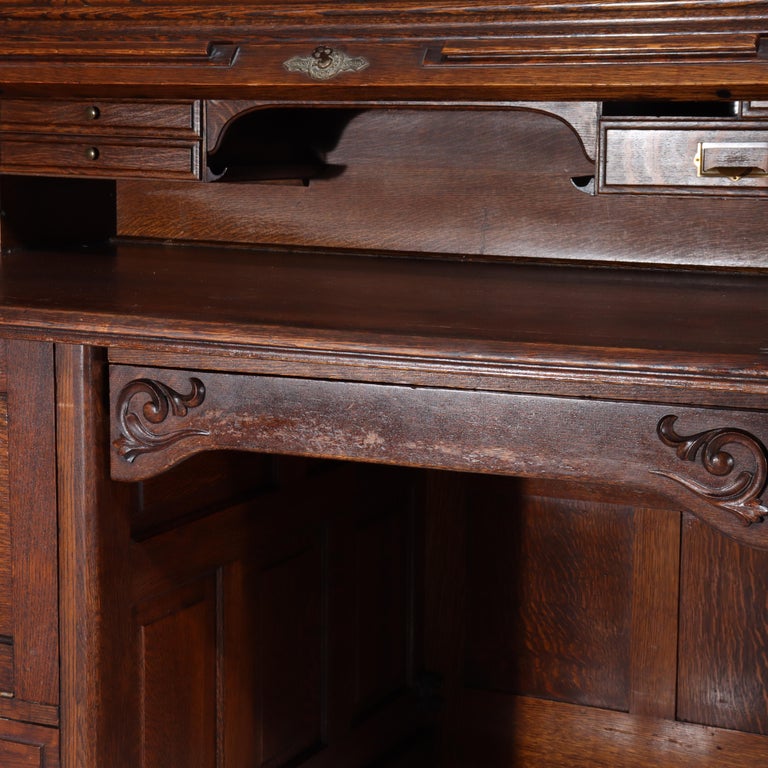 Antique Gunn Furniture Co. Oak S-Roll Top Paneled Single Pedestal Desk c1900