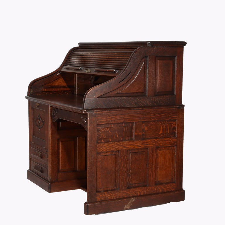 Antique Gunn Furniture Co. Oak S-Roll Top Paneled Single Pedestal Desk c1900