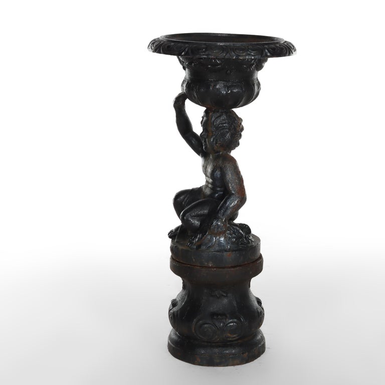 Antique Neoclassical Cast Iron Figural Cherub Garden Urn C1890