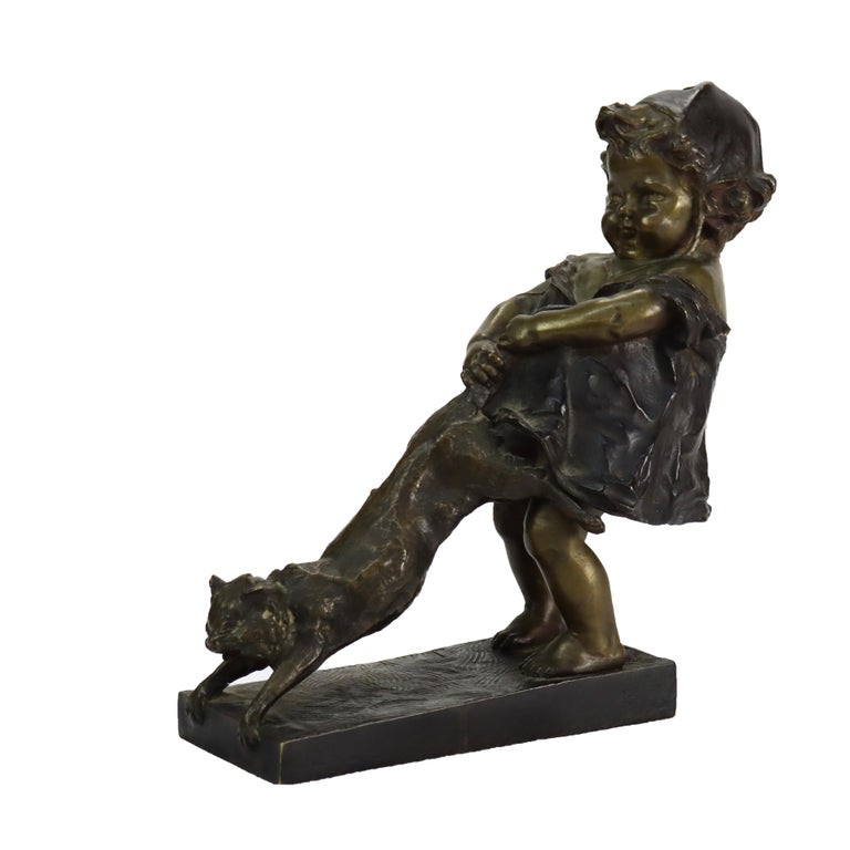Antique Juan Clara 1st Edition Bronze Figure “Toddler With Cat” Signed c1900
