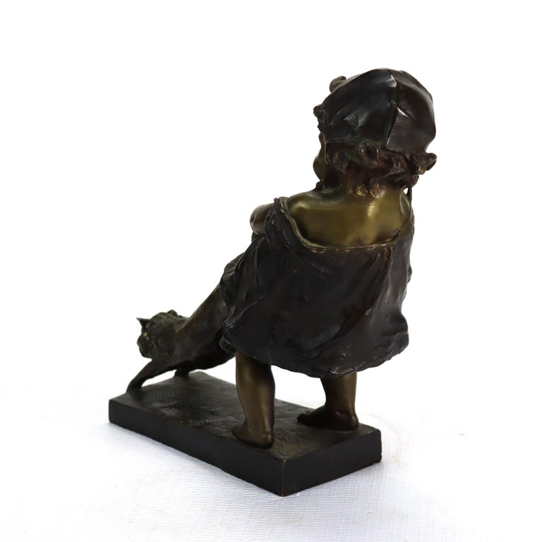 Antique Juan Clara 1st Edition Bronze Figure “Toddler With Cat” Signed c1900