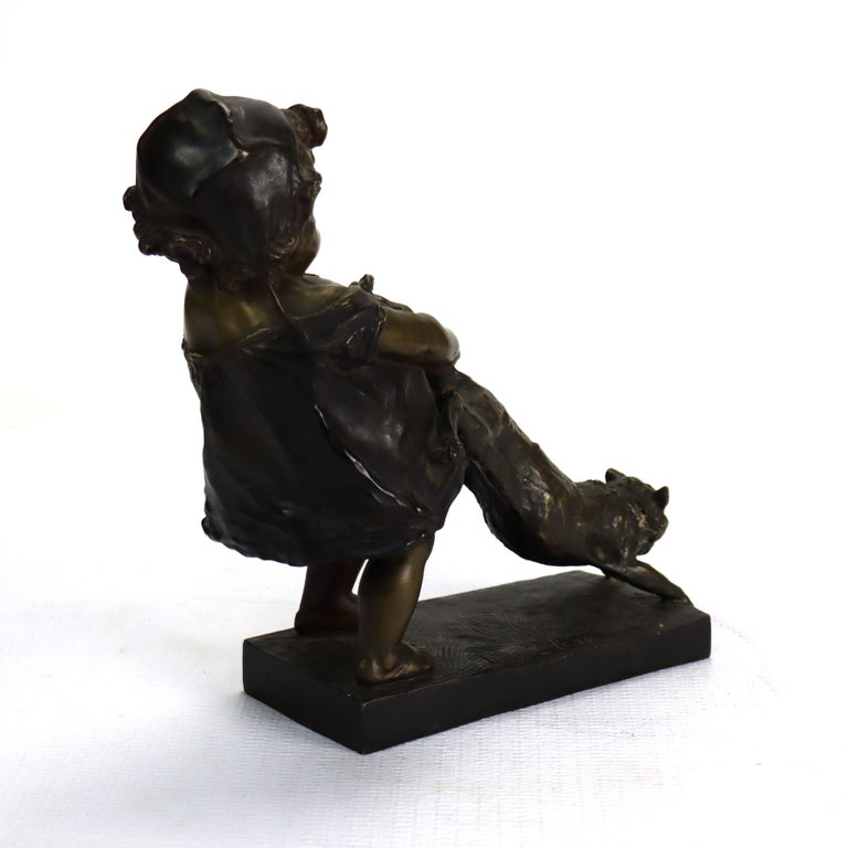 Antique Juan Clara 1st Edition Bronze Figure “Toddler With Cat” Signed c1900
