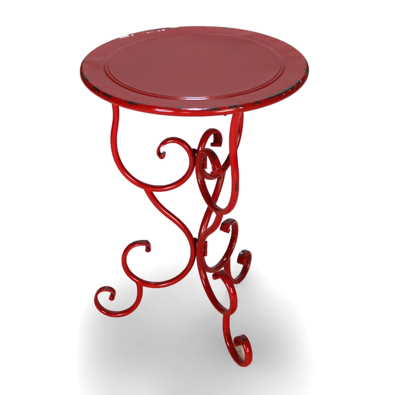 Vintage Red Painted Wrought Iron Garden Bench & Table Set C1950