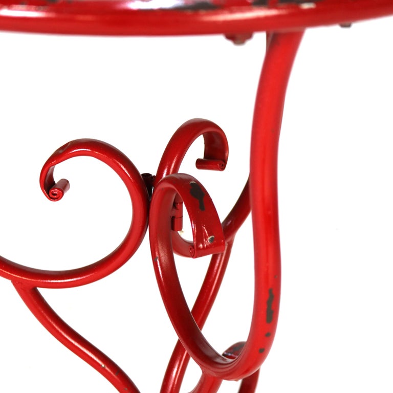 Vintage Red Painted Wrought Iron Garden Bench & Table Set C1950