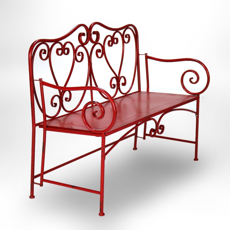 Vintage Red Painted Wrought Iron Garden Bench & Table Set C1950