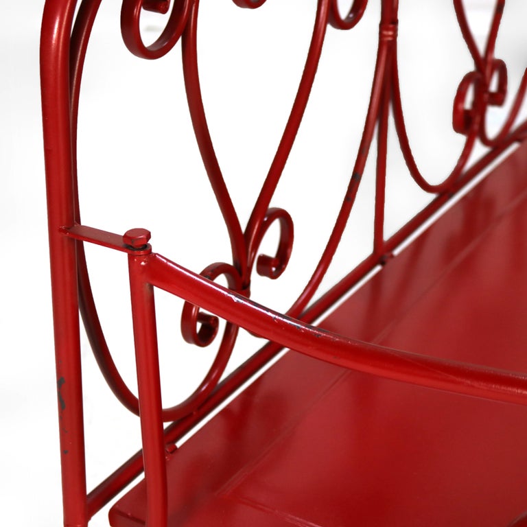 Vintage Red Painted Wrought Iron Garden Bench & Table Set C1950