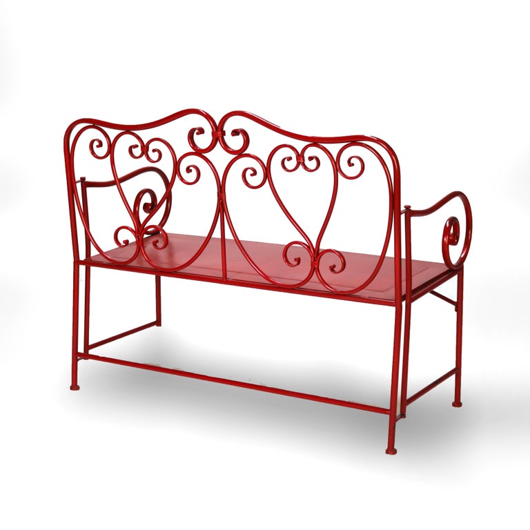 Vintage Red Painted Wrought Iron Garden Bench & Table Set C1950