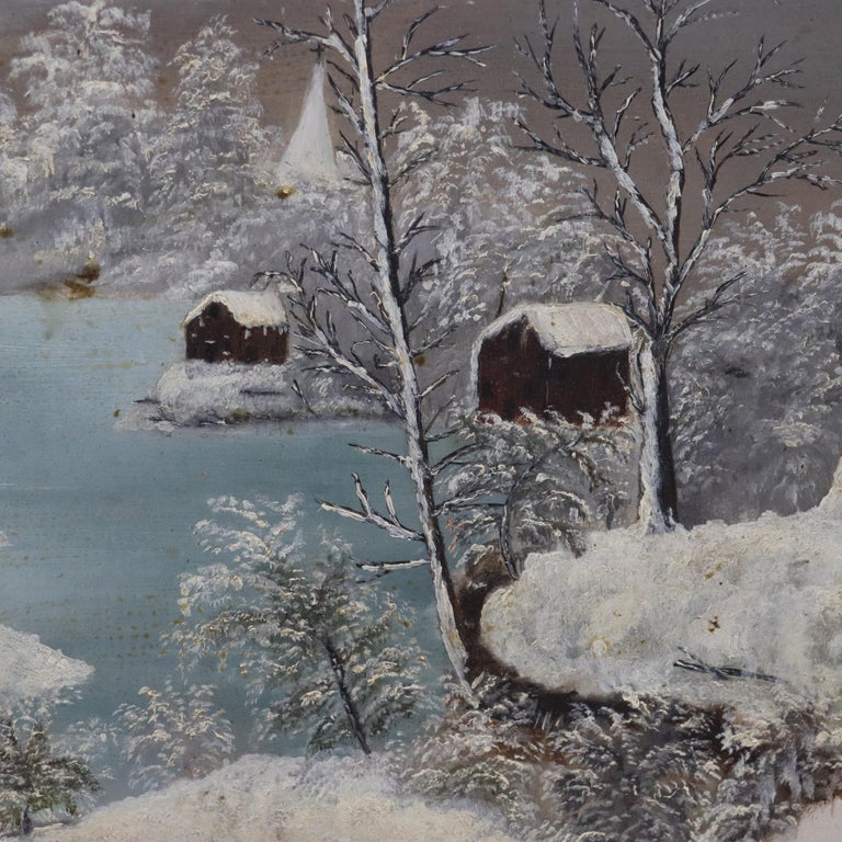 Antique Oil On Board Winter Landscape In First Finish Frame c1870