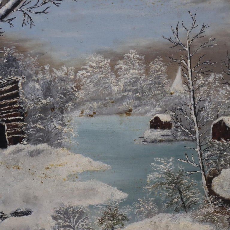 Antique Oil On Board Winter Landscape In First Finish Frame c1870