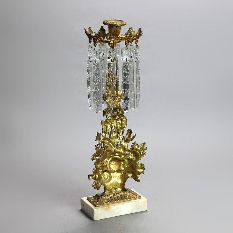 Pair Antique Gilt Bronze, Marble & Cut Crystal Floral Form Girandoles c1890