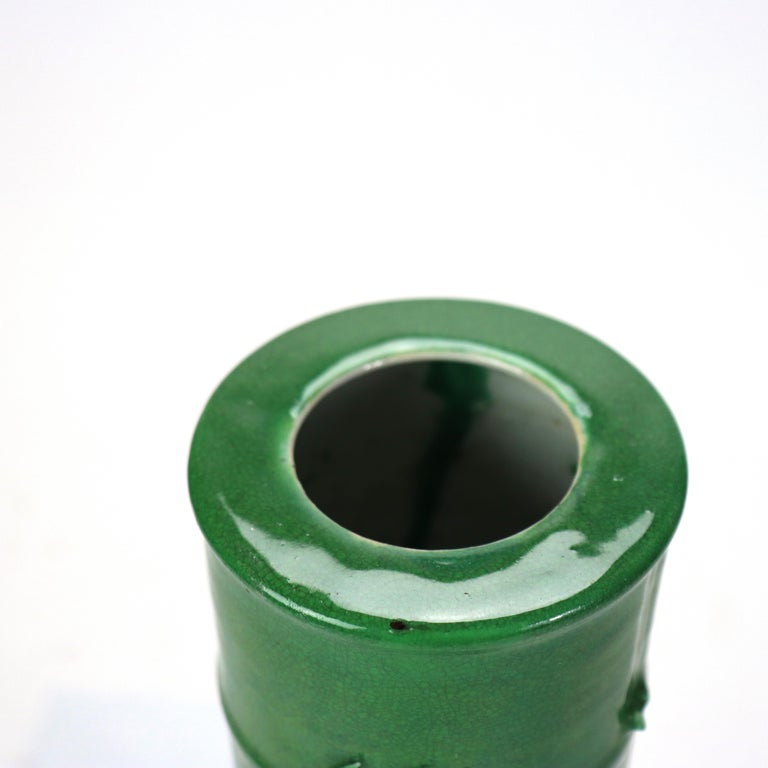 Antique Chinese Figural & Foliate Jade Green Glazed Pottery Vase c1930
