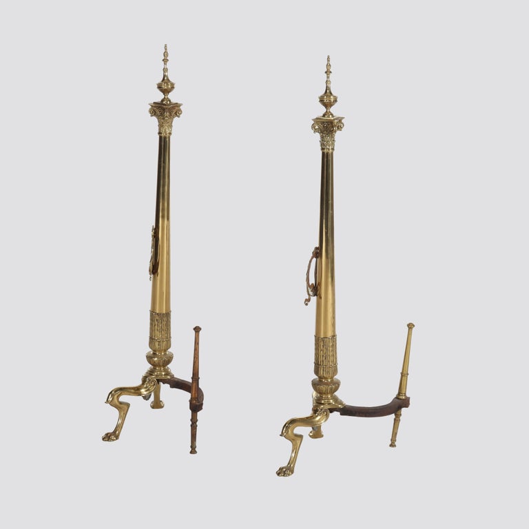 Oversized Pair Of Antique French Empire Brass Fireplace Chenets 19thC
