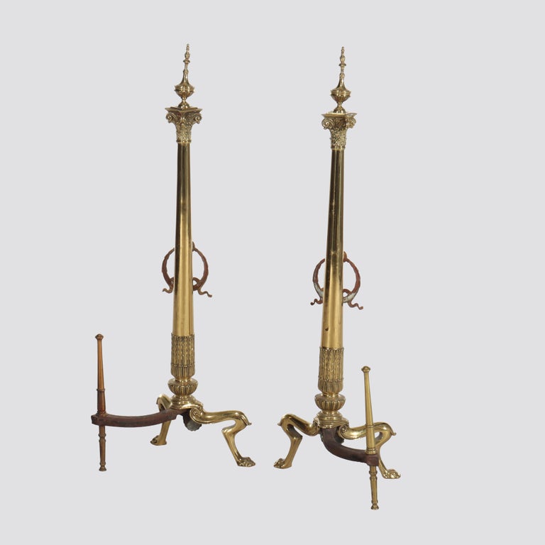 Oversized Pair Of Antique French Empire Brass Fireplace Chenets 19thC