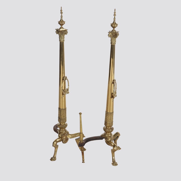 Oversized Pair Of Antique French Empire Brass Fireplace Chenets 19thC