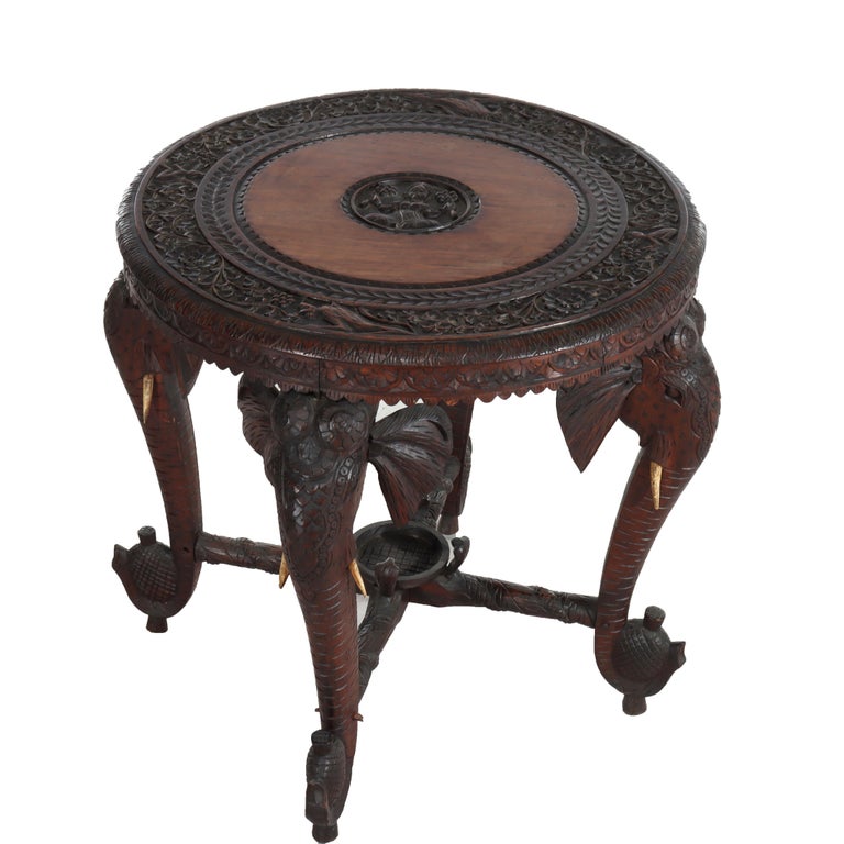 Antique Anglo Indian Figural Carved Rosewood Side Table With Elephants & Figure