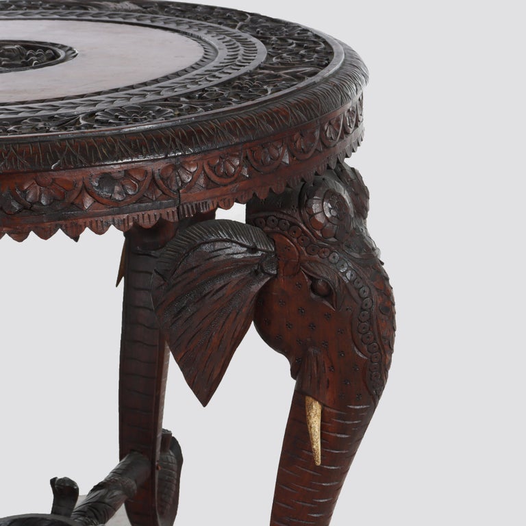 Antique Anglo Indian Figural Carved Rosewood Side Table With Elephants & Figure
