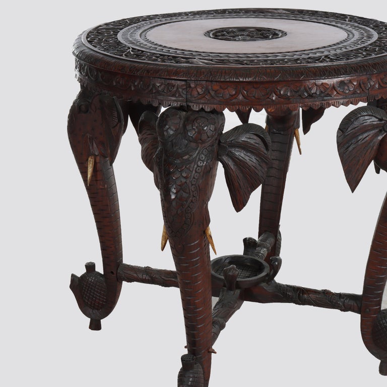 Antique Anglo Indian Figural Carved Rosewood Side Table With Elephants & Figure