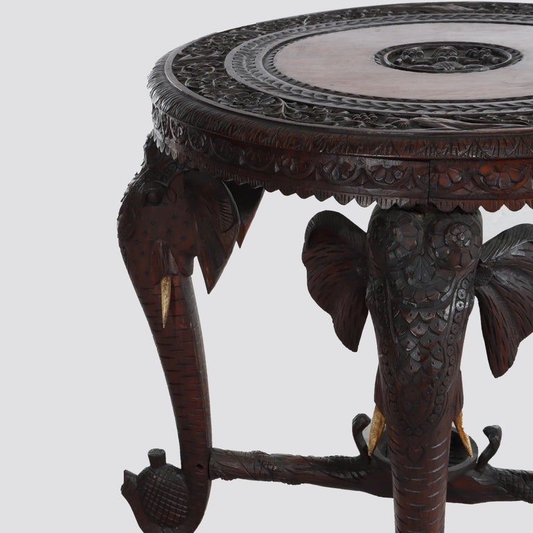 Antique Anglo Indian Figural Carved Rosewood Side Table With Elephants & Figure
