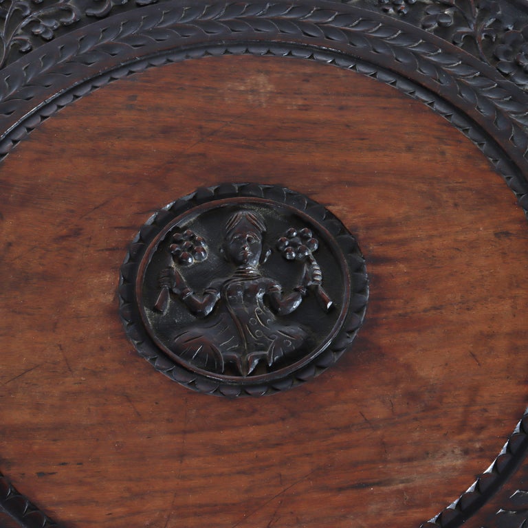 Antique Anglo Indian Figural Carved Rosewood Side Table With Elephants & Figure